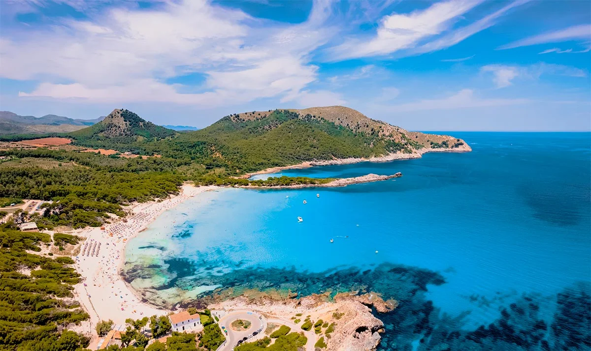 Aerial view of Cala Agulla beach and its turquoise bay